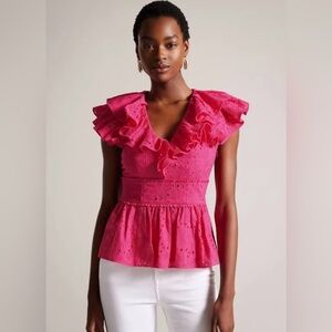 Ted Baker Mazieh Broderie Peplum Eyelet Top in Bright Pink Size 2/4 NWT